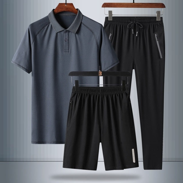 3 In 1 Summer Breathable Ice Silk Polo Shirt Raglan Short-sleeved T-shirt + Shorts + Trousers Loose Casual Sports Suit For Middle-aged And Elderly Men