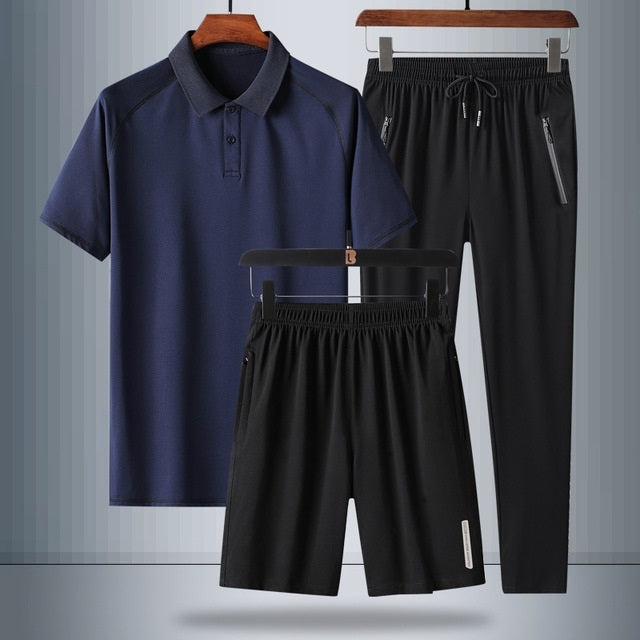 3 In 1 Summer Breathable Ice Silk Polo Shirt Raglan Short-sleeved T-shirt + Shorts + Trousers Loose Casual Sports Suit For Middle-aged And Elderly Men