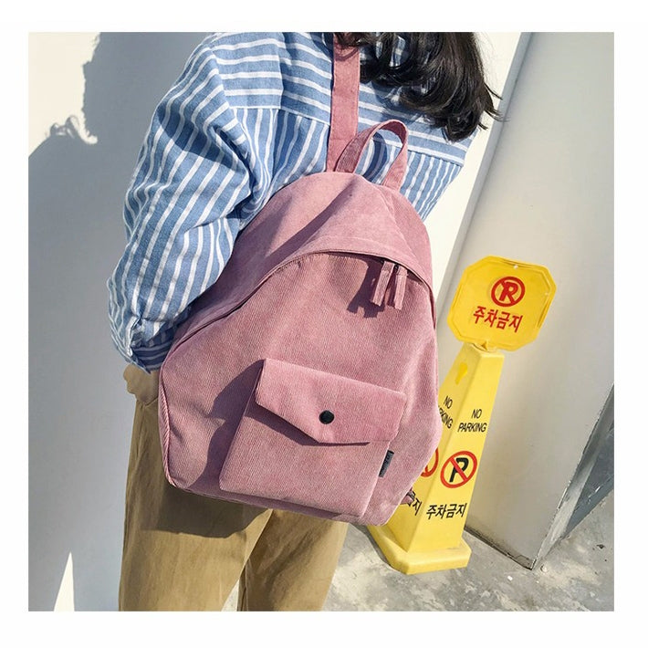 Solid Color Canvas Girl Backpack School Bag with Double Zipper