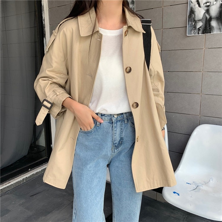 Ladies Single-breasted Mid-length Lace-up Long Sleeve Trench Coat (As Show)