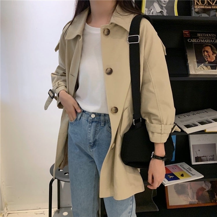 Ladies Single-breasted Mid-length Lace-up Long Sleeve Trench Coat (As Show)