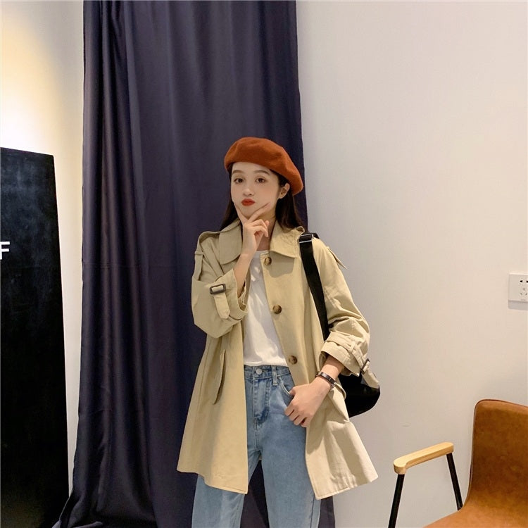 Ladies Single-breasted Mid-length Lace-up Long Sleeve Trench Coat (As Show)