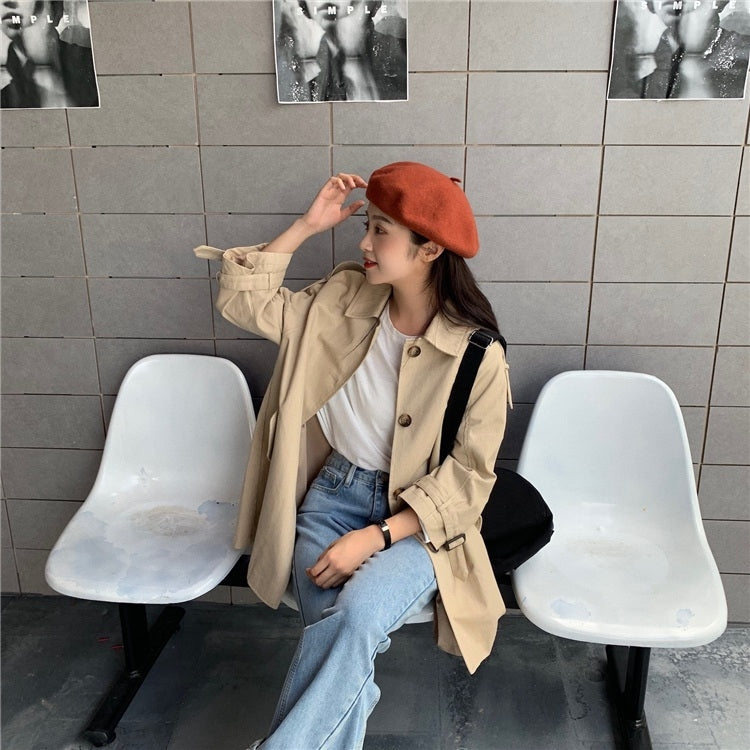 Ladies Single-breasted Mid-length Lace-up Long Sleeve Trench Coat (As Show)