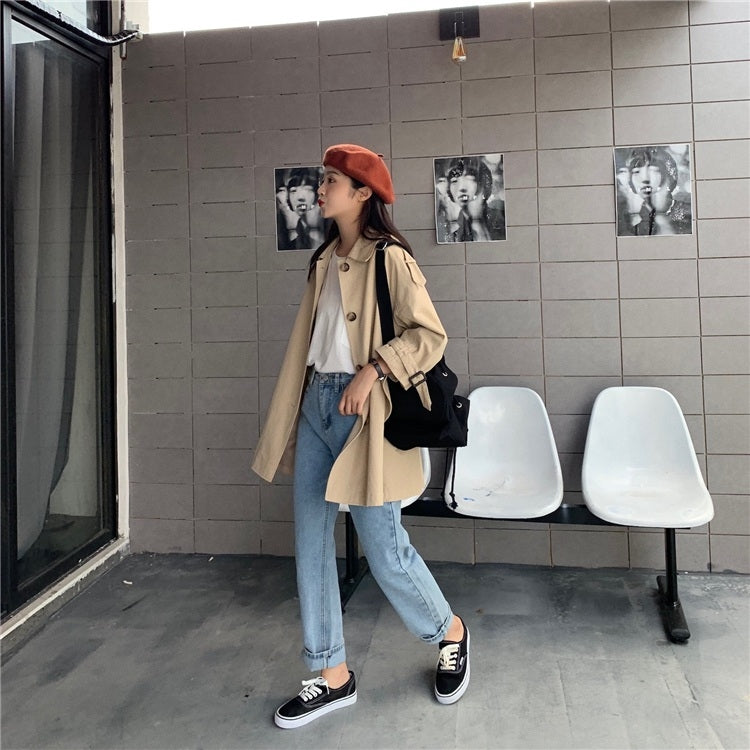 Ladies Single-breasted Mid-length Lace-up Long Sleeve Trench Coat (As Show)