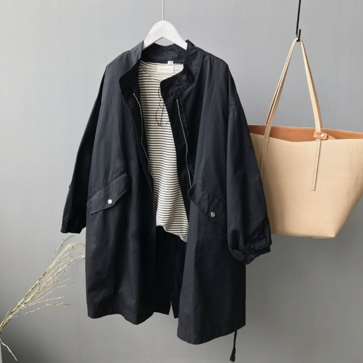 Ladies Mid-length Drawstring Washed Cotton Windbreaker Jacket