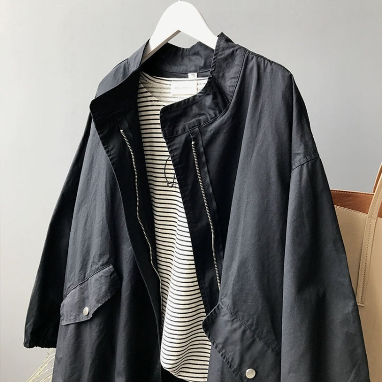 Ladies Mid-length Drawstring Washed Cotton Windbreaker Jacket
