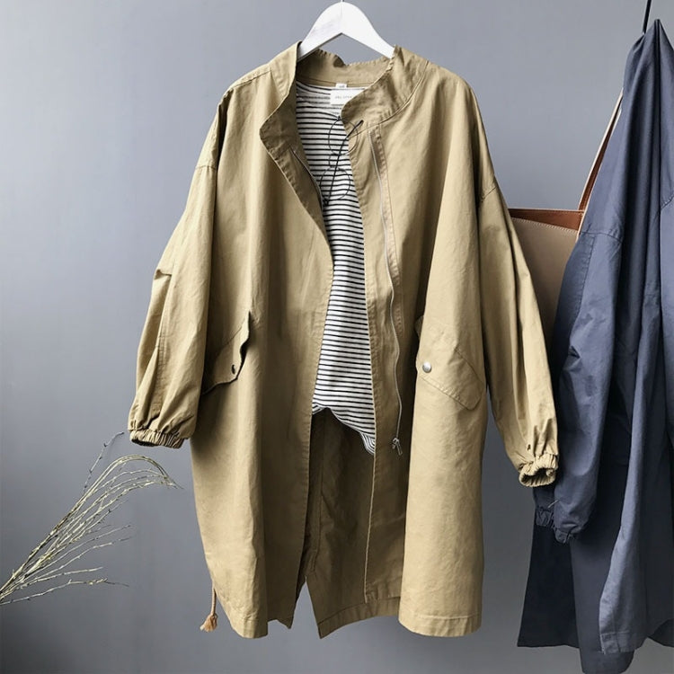 Ladies Mid-length Drawstring Washed Cotton Windbreaker Jacket