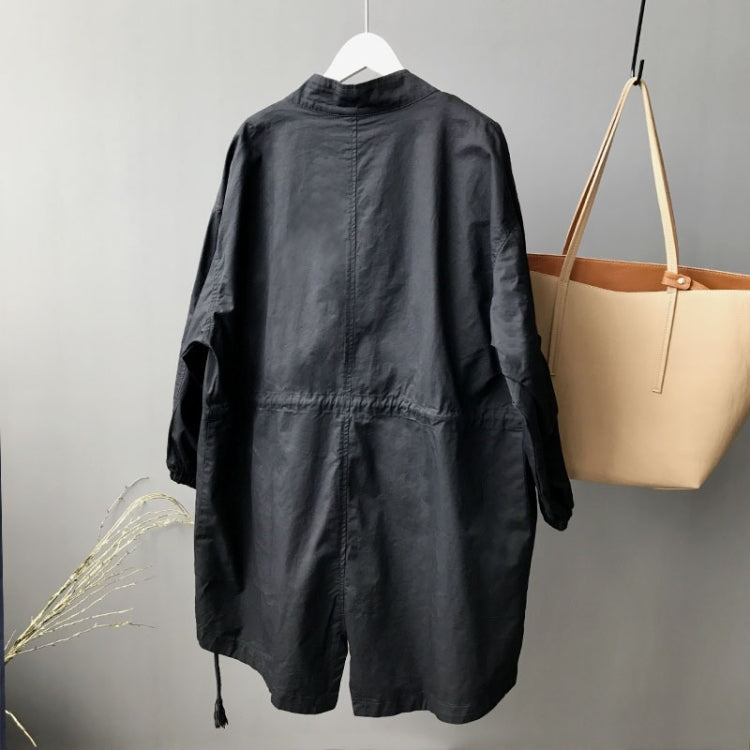 Ladies Mid-length Drawstring Washed Cotton Windbreaker Jacket
