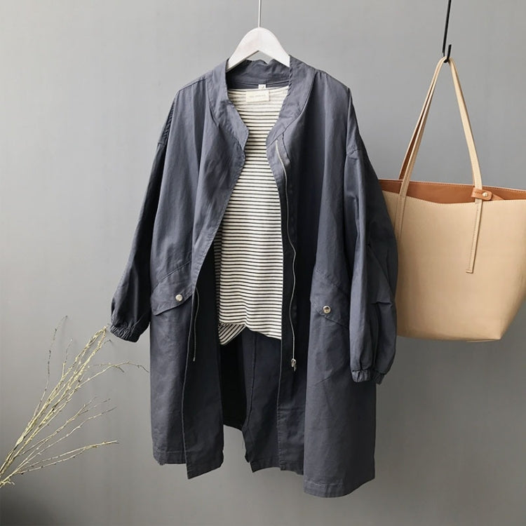 Ladies Mid-length Drawstring Washed Cotton Windbreaker Jacket