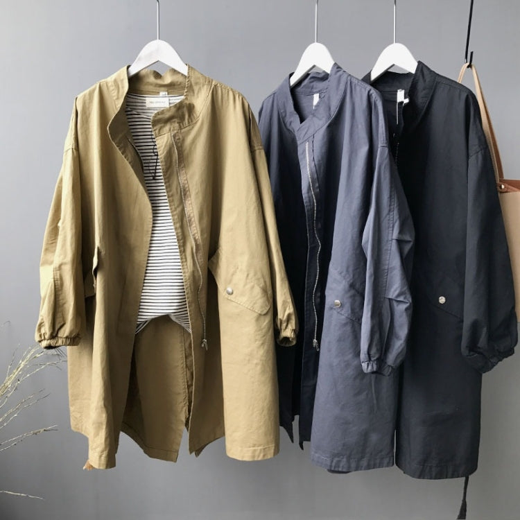 Ladies Mid-length Drawstring Washed Cotton Windbreaker Jacket