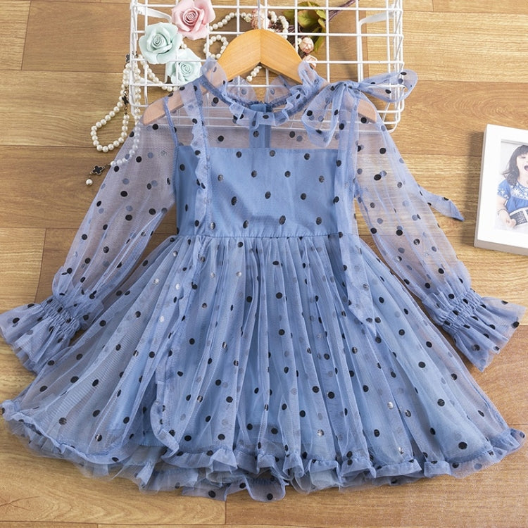 Dot Bow-knot Princess Dress Long-sleeved Mesh Dress For Girls