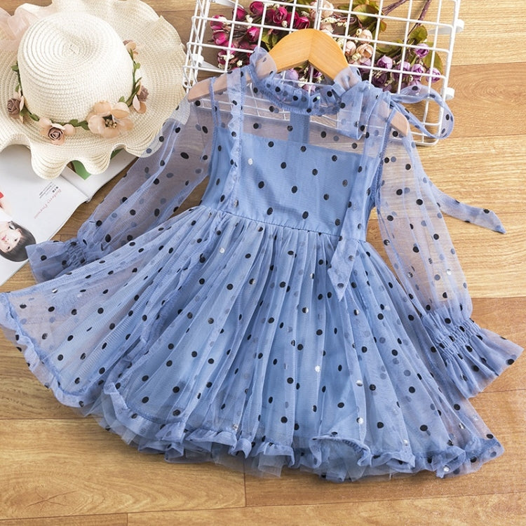 Dot Bow-knot Princess Dress Long-sleeved Mesh Dress For Girls