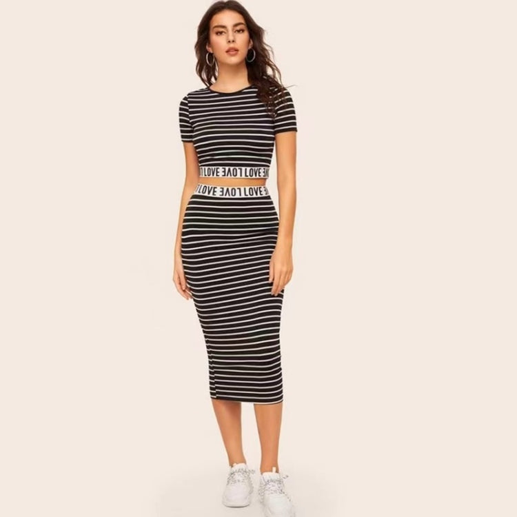2 in 1 Black White Strip Texture Slim Wrap Hip Skirt Set