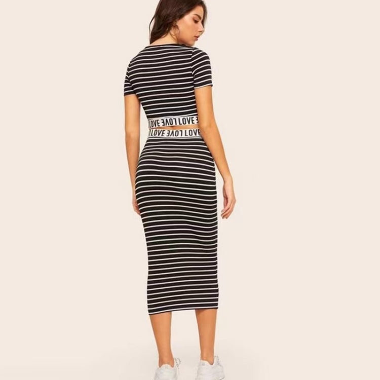 2 in 1 Black White Strip Texture Slim Wrap Hip Skirt Set