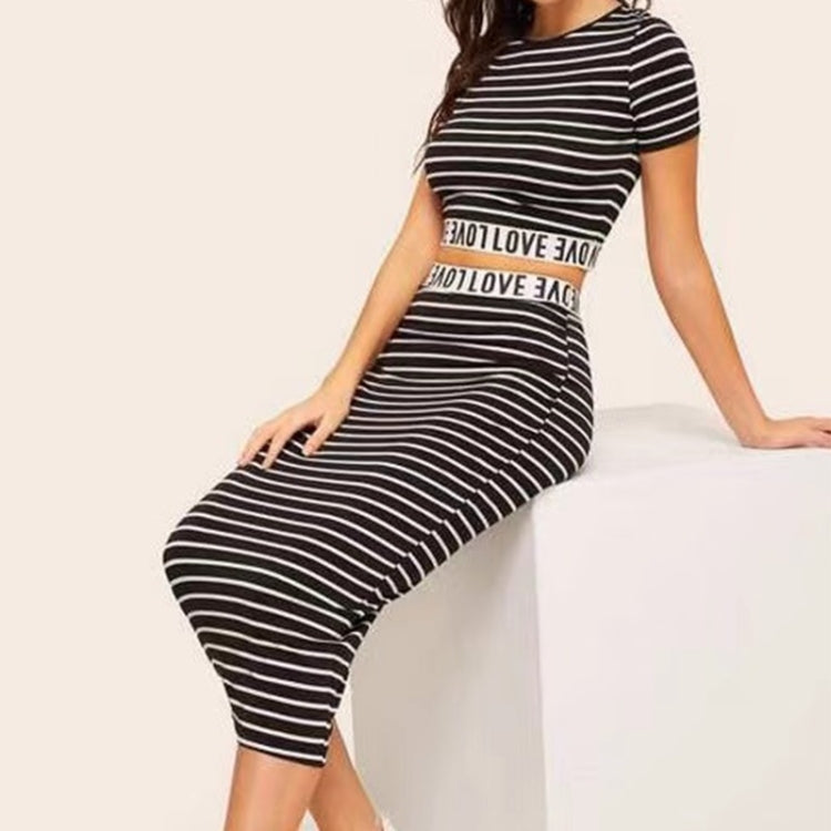 2 in 1 Black White Strip Texture Slim Wrap Hip Skirt Set
