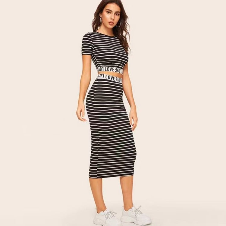 2 in 1 Black White Strip Texture Slim Wrap Hip Skirt Set