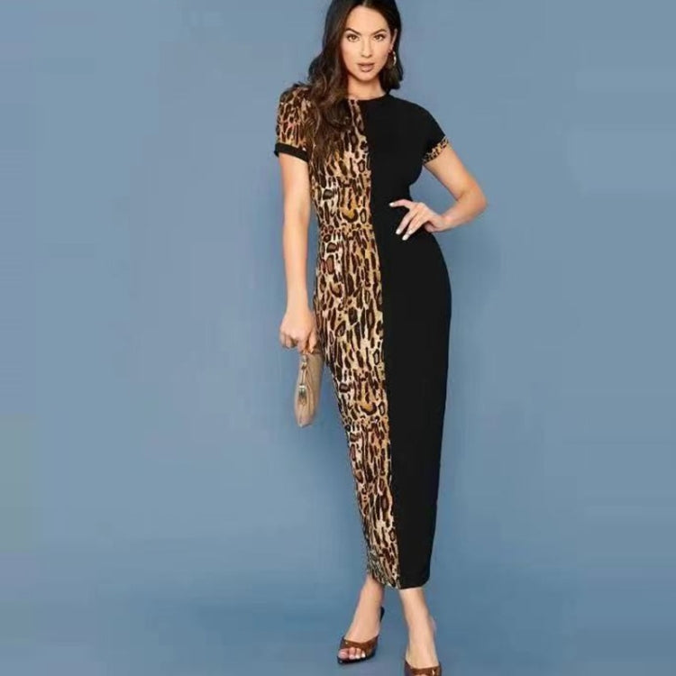 Ladies Print Stitching Short-sleeved Long Slim Dress