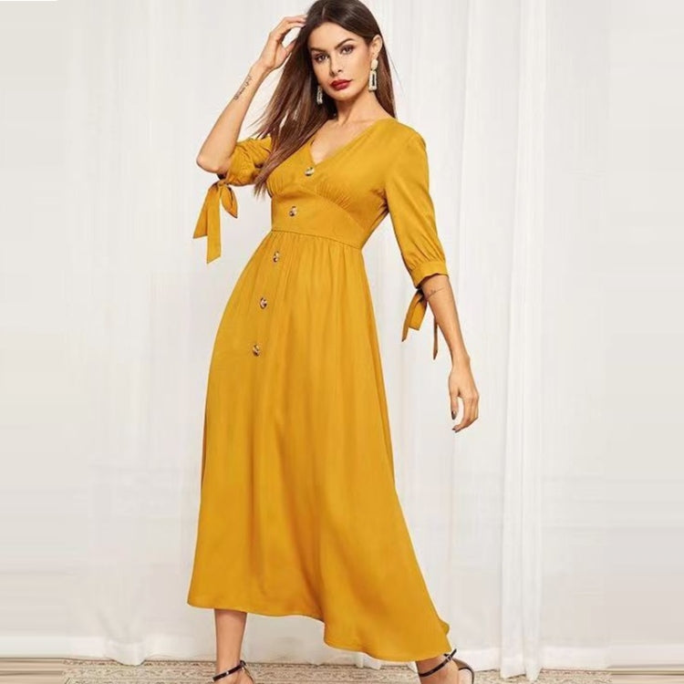 Ladies V-neck Slim Single-breasted Waist Dress