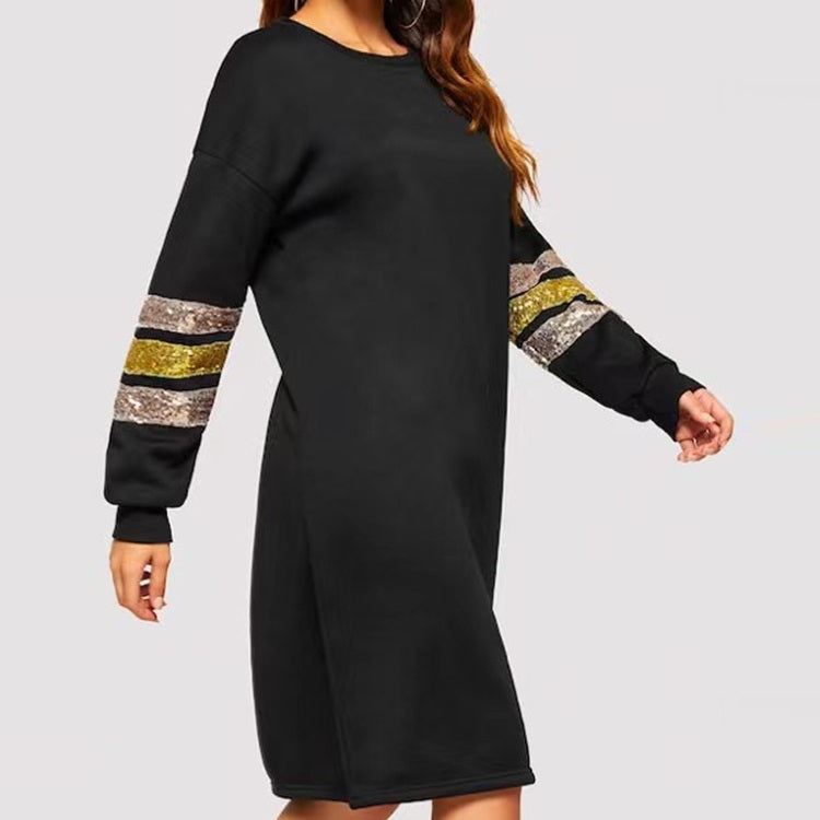 Loose Thin Sequin Stitching Long-sleeved Mid-length Sweater Dress