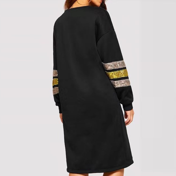 Loose Thin Sequin Stitching Long-sleeved Mid-length Sweater Dress