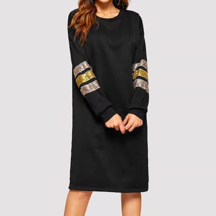 Loose Thin Sequin Stitching Long-sleeved Mid-length Sweater Dress