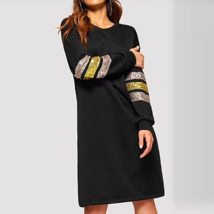 Loose Thin Sequin Stitching Long-sleeved Mid-length Sweater Dress