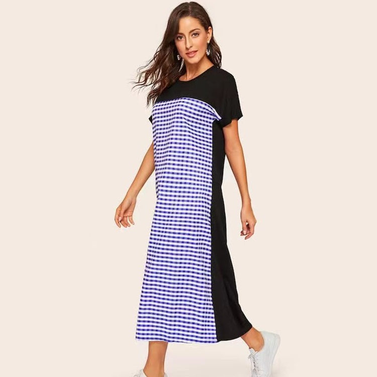 Short-sleeved Stitching Plaid Long Loose Casual Dress