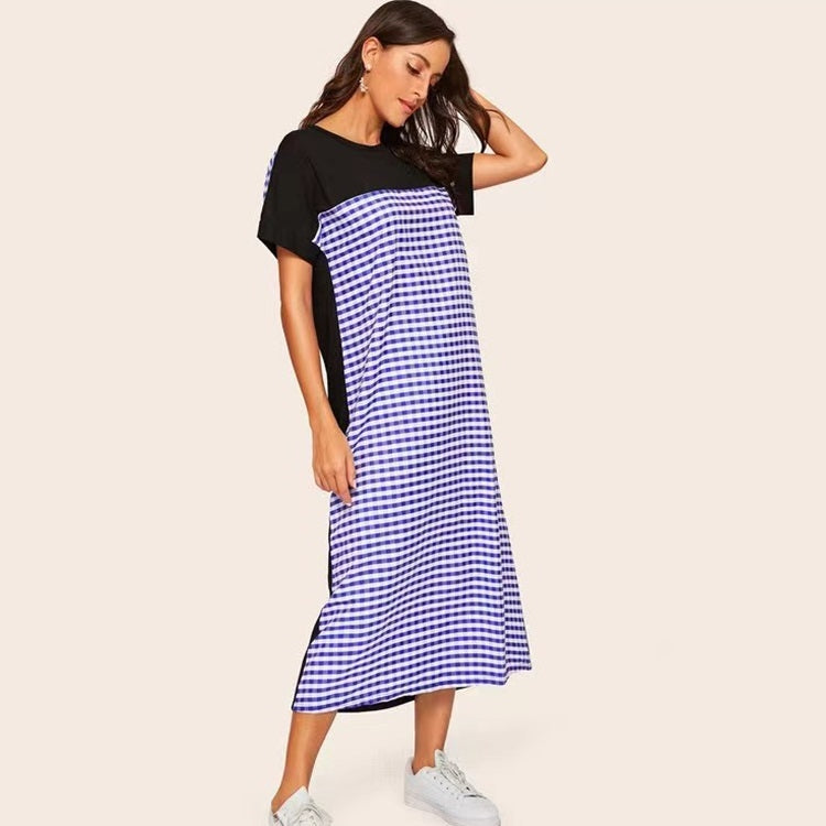 Short-sleeved Stitching Plaid Long Loose Casual Dress