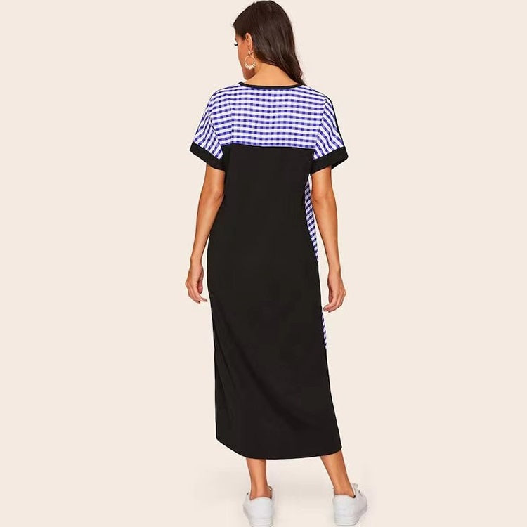 Short-sleeved Stitching Plaid Long Loose Casual Dress