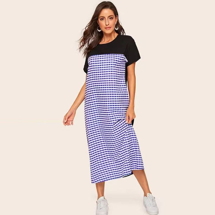 Short-sleeved Stitching Plaid Long Loose Casual Dress