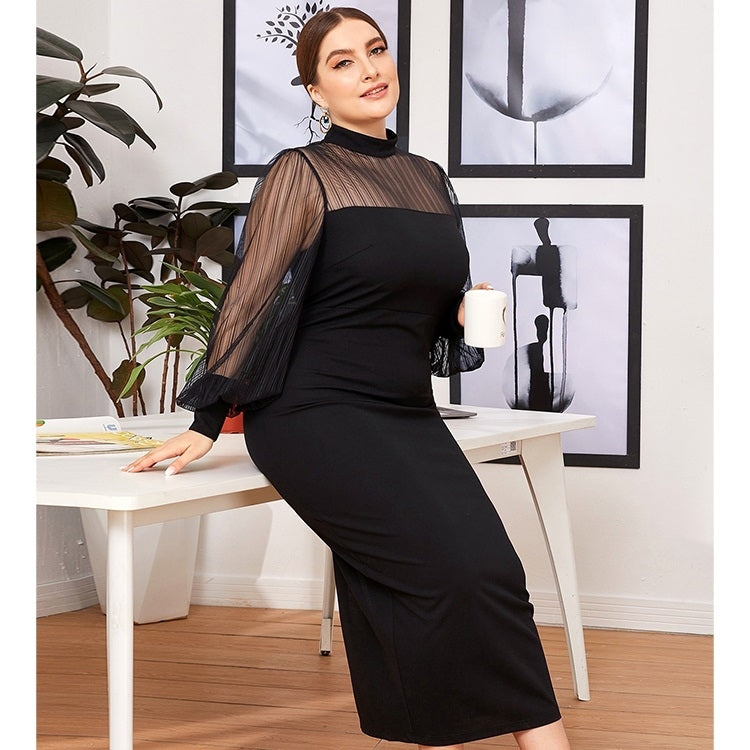 Mesh Stitching Half-high Collar See-through Bag Hip Long Dress