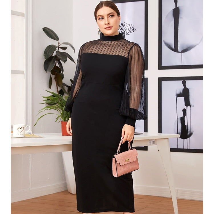 Mesh Stitching Half-high Collar See-through Bag Hip Long Dress