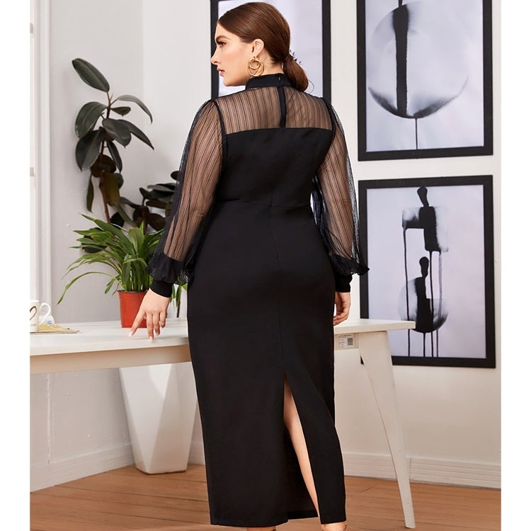Mesh Stitching Half-high Collar See-through Bag Hip Long Dress