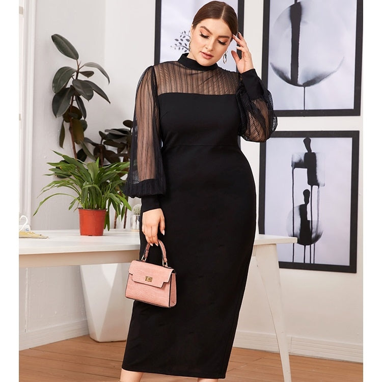 Mesh Stitching Half-high Collar See-through Bag Hip Long Dress