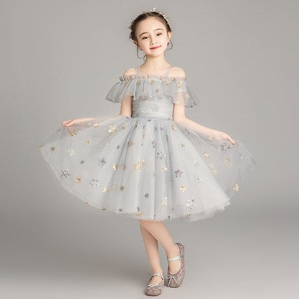 Five-pointed Star Pattern Short Lace Princess Dress Pettiskirt Performance Formal Dress for Girls
