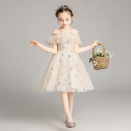Five-pointed Star Pattern Short Lace Princess Dress Pettiskirt Performance Formal Dress for Girls
