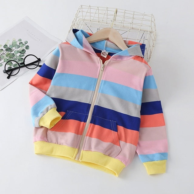Autumn Horizontal Striped Long-sleeved Zipper Cardigan Hooded Jacket For Girls