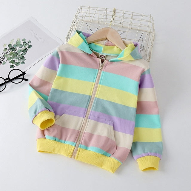 Autumn Horizontal Striped Long-sleeved Zipper Cardigan Hooded Jacket For Girls