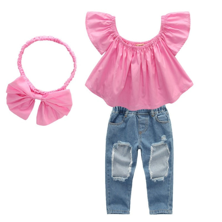 Girls Three-piece Pink Blouse Ripped Jeans Suit