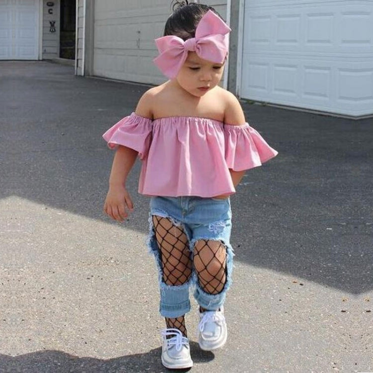 Girls Three-piece Pink Blouse Ripped Jeans Suit