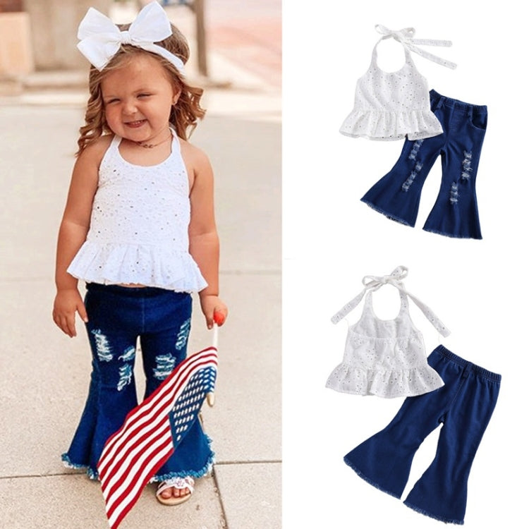 Girls Ruffled Lace Halterneck Top Ripped Denim Flared Pants Suit