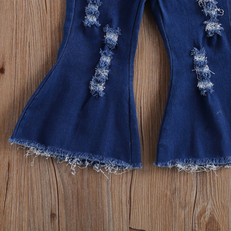 Girls Ruffled Lace Halterneck Top Ripped Denim Flared Pants Suit