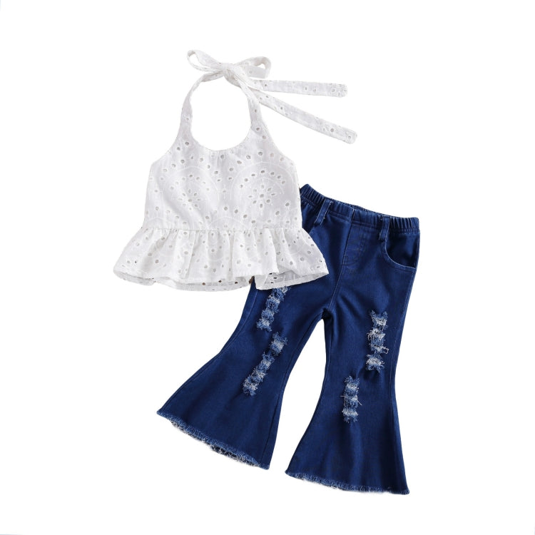 Girls Ruffled Lace Halterneck Top Ripped Denim Flared Pants Suit