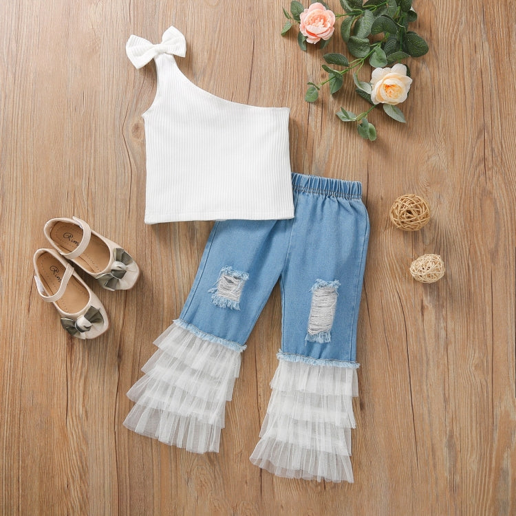 Girls One-shoulder T-shirt Mesh Stitching Ripped Jeans Suit