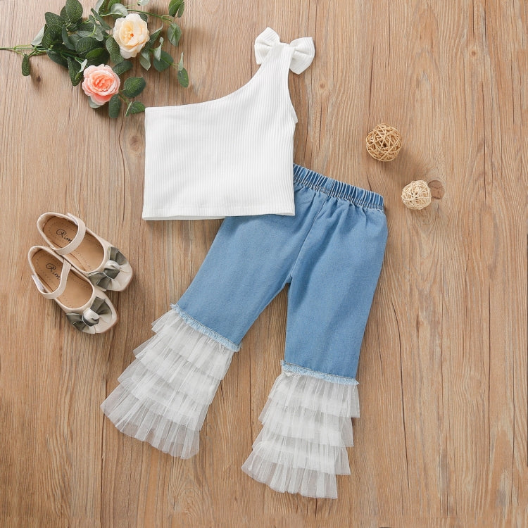 Girls One-shoulder T-shirt Mesh Stitching Ripped Jeans Suit