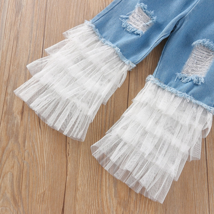 Girls One-shoulder T-shirt Mesh Stitching Ripped Jeans Suit