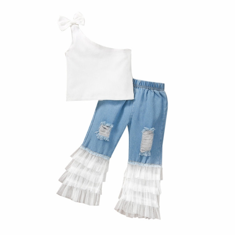 Girls One-shoulder T-shirt Mesh Stitching Ripped Jeans Suit
