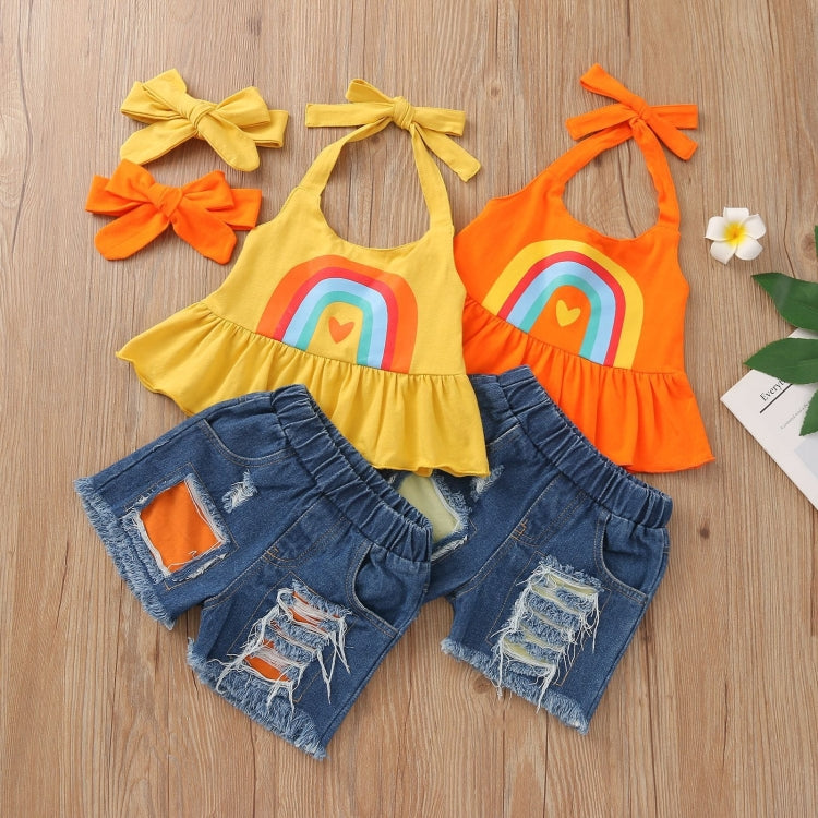 Girls Ruffled Halterneck Top Denim Shorts Suit