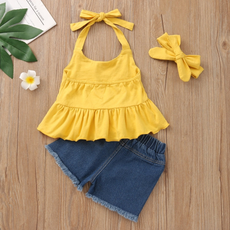 Girls Ruffled Halterneck Top Denim Shorts Suit