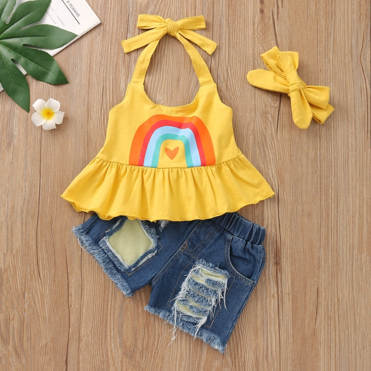 Girls Ruffled Halterneck Top Denim Shorts Suit